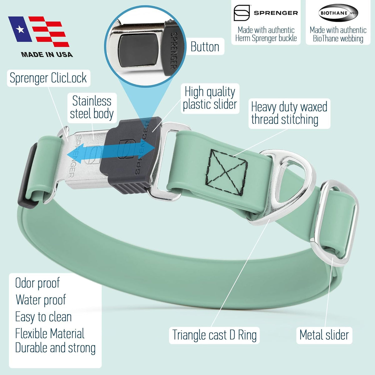 Dogline Biothane Waterproof Dog Collar with Herm Sprenger Black Stainless Steel Quick Release Buckle – Heavy Duty Tactical Durable Collar for Dogs – Comfortable, Safe Pet Collar W1 L15-25 Sage Green