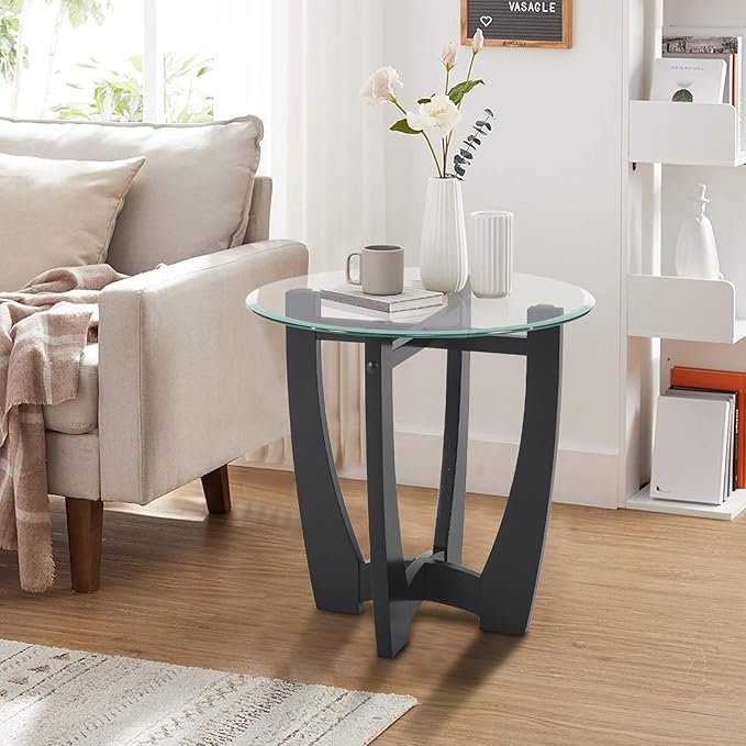 LKTART Glass End Table, 23.5" Round Side Tables with Tempered Glass Top Cross and Solid Wood Base Small Night Stand for Living Room Office Apartment Black