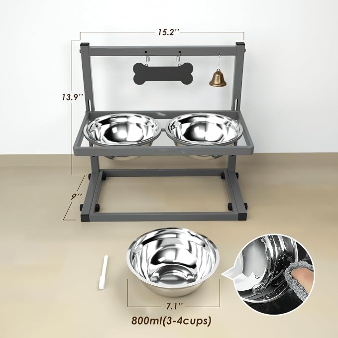 SHAINFUN Elevated Dog Bowls - Raised Stand with 2 Stainless Steel Bowls, Adjustable Height Feeder for Small and Medium Dogs, Puppies, Cats - Grey