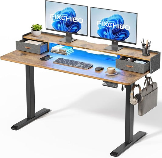 Electric Standing Desk with Drawers, 55 Inch Height Adjustable Desk with Power