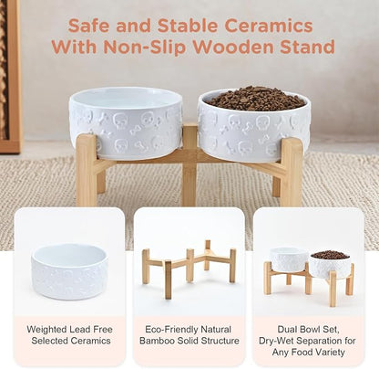 SPUNKYJUNKY Elevated Dog Bowls Ceramic, 6.1'' Dogs and Cat Food Water Bowls Raised with Non-Slip Bamboo Stand for Medium Sized Breed Microwave Dishwasher Safe - 28.7 OZ,Skull White