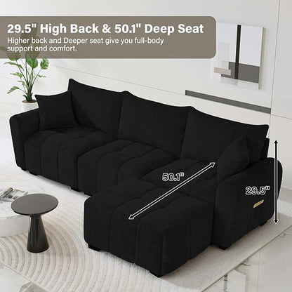 110" L Shaped Modern Boucle Sofa Modular Sectional Cloud Couch with Ottoman, Tufted 4-Seat Deep Seat Sofa with Pillows for Living Room, Bedroom and Apartment, Black