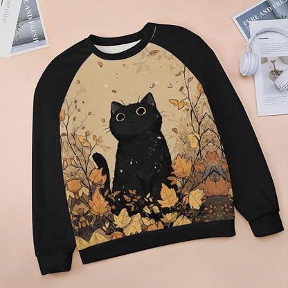 Abstract Cute Cat Shirts for Women Long Sleeve Lady Crewneck Pullover Sweatshirt Fall Winter Oversized Tops