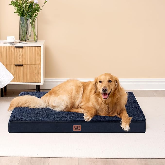 EHEYCIGA Orthopedic Dog Bed Large with Removable Washable Cover, 44IN Navy | Egg Crate Foam Support, Durable Oxford fabric, Non-Slip Bottom, Machine Washable, Soft Waterproof Plush Pet Bed Mat For Crate