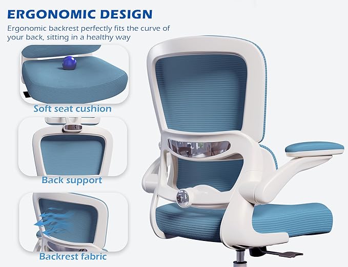 TRALT Ergonomic Office Chair - Desk Chair with Adjustable Lumbar Support Computer Chair - Mesh Comfy Chair with Flip-up Armrests - Gaming Chairs for Adults Home Office (PU Leather, Sky Blue)