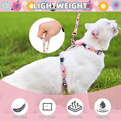 PUPTECK Adjustable Cat Harness and Leash Set Escape Proof Kitten Strap Collar for Walking Travel, Floral Pattern