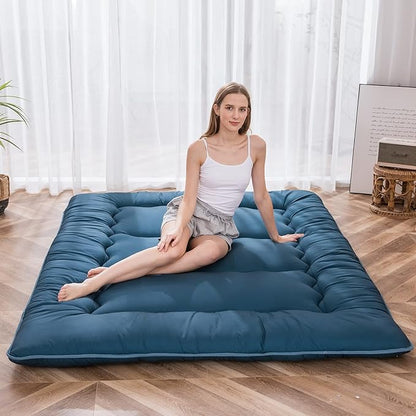 MAXYOYO Japanese Floor Mattress Futon Mattress, Thicken Sleeping Pad Foldable Roll Up Floor Futon for Adults Tatami Mat Dormitory Bed Lounger, Bluestone, Full Size