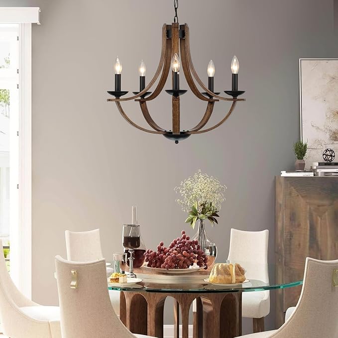 Farmhouse Chandeliers for Dining Room Light Fixture, 5-Light 24 inch Faux Wood Texture Hanging Lighting Fixtures, Rustic Candle Chandeliers for Living Room Kitchen Island Foyer Entryway