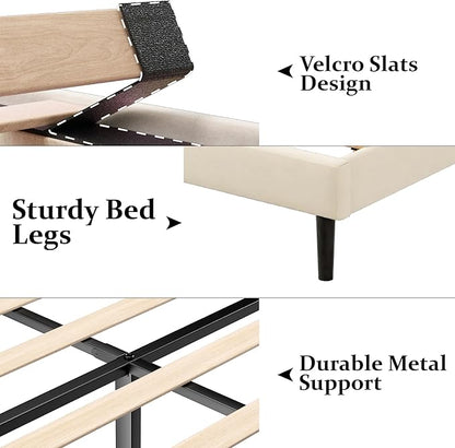 Full Size Bed Frame with Upholstered Wingback Headboard, Easy Assemnly Platform Bed, Wooden Slat Support No Box Spring Needed, Cream