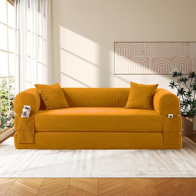 Convertible Futon Sofa Bed,80" Folding Pull Out Couch with Pillows & Storage Pocket, Oversized Queen Sleeper Sofa in a Box,Corduroy Boneless Couch for Living Room,Yellow