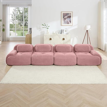 152" Modern Corduroy Cloud Sofa, Boneless Modular Large Sectional Couches for Living Room, Pink 4 Seater Compressed Memory Foam Couch, Extra Deep Seat, No Assembly