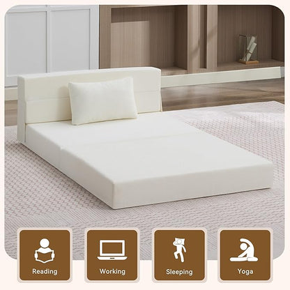 WUTUTUEE Folding Sofa Bed Convertible Floor Couch Foldable Chair Bed with Pillow，Linen Sleeper Chair Futon,Foldable Memory Foam Mattress for Bedroom/Living Room/Dorm/Office (Beige, Standard)