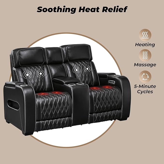 Signature Design by Ashley Boyington Modern Leather Match Power Reclining Loveseat with Console, Adjustable Headrest, Massage, Heated Seat and LED Lights, Black