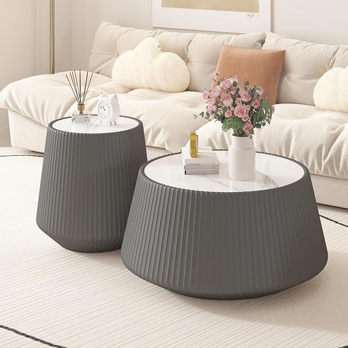 Round Coffee Table Set with Sintered Stone Tabletop, 26.77" Grey Drum Center Table and 19.68" Grey Coffee Table Set, 2 Pieces Living Room Table Set with Fluted PU Leather Cover& Stable Base