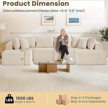 Oversize 131” Boneless Couch for Living Room, Comfort U Shaped Cloud Couch Sectional, Extra Deep Seats Corduroy Modular Sectional Sofa No Assembly,Beige