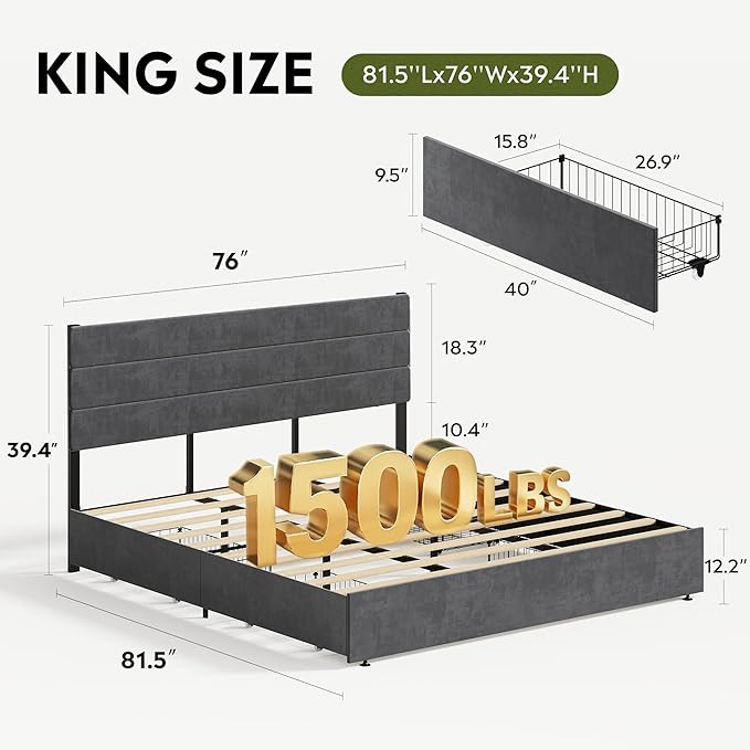 WLIVE King Size Upholstered Bed Frame with 4 Drawers and Velvet Square Tufted Headboard, Sturdy Metal & Wooden Slats Support, No Box Spring Needed, Easy Assembly, Dark Grey