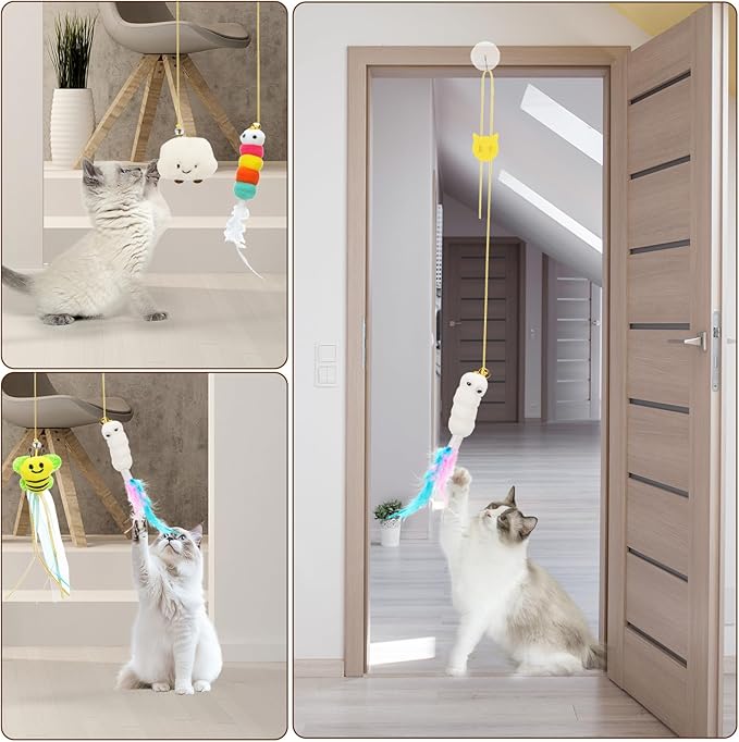 6 PCS Interactive Cat Feather Toys, Indoor Hanging Retractable Cat Toy, Self Play Toys Make Fun Excecise