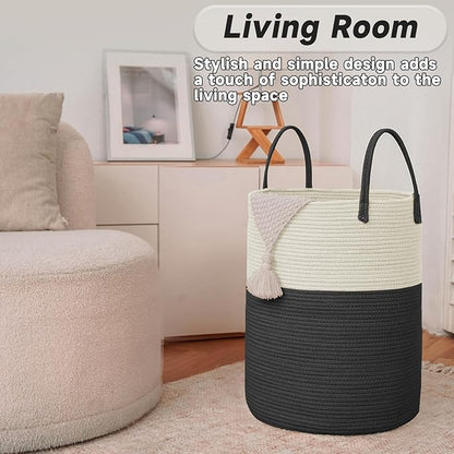 Large Woven Laundry Basket Hamper,80L Cotton Rope Storage Bin for Blankets,Toys and Clothes,Decorative Tall Nursery Hamper for Living Room,Baby Nursery,Bathroom and Bedroom,White and Black