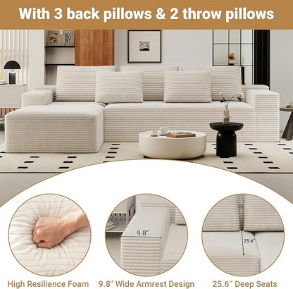 KAPEETOO Cloud Modular Sectional Sofa with Chaise Longue, Giant L Shaped Sectional Couch with Deep Seat, Oversize 3-Seater Boneless Couch for Living Room Bedroom Left Facing Chaise (White)