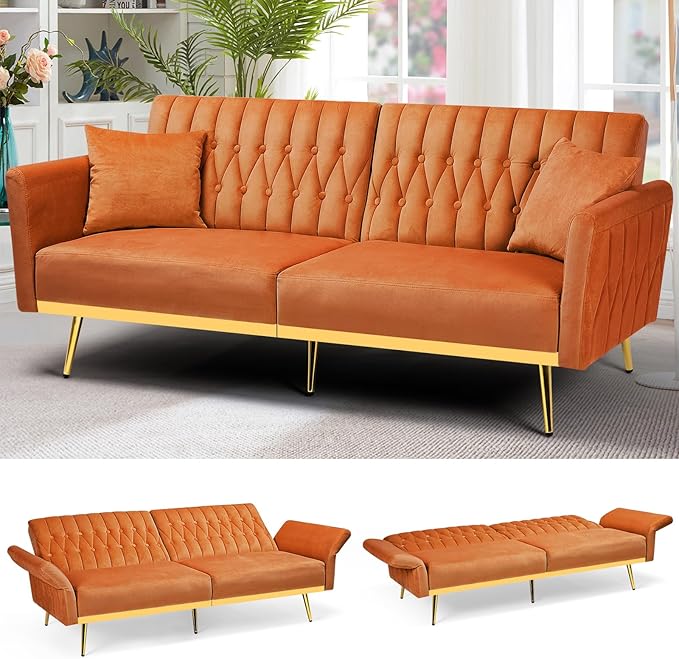 70” Velvet Futon Sofa Bed w/Adjustable Armrests & 2 Pillows, Convertible Futon Couch w/Adjustable Backrests, Modern Sleeper Bed for Living Room, Bedroom, Orange