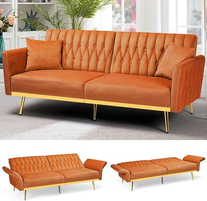 70” Velvet Futon Sofa Bed w/Adjustable Armrests & 2 Pillows, Convertible Futon Couch w/Adjustable Backrests, Modern Sleeper Bed for Living Room, Bedroom, Orange