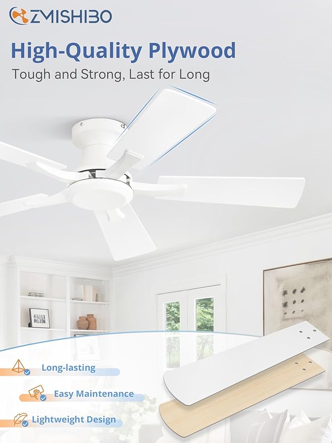 ZMISHIBO 42 Inch Ceiling Fan No Light, Flush Mount Low Profile, Modern White