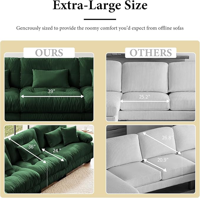 133.8" Oversized Couch, 3 Seater Modular Sectional Sofa, Green Large U Shaped Sectional Couches for Living Room, Fluffy Chenille Fabric Cloud Couch with 2 Ottomans, Deep Seat Sofas