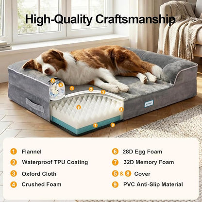 OhGeni Orthopedic Medium Large Dog Bed Sofa, Memory Foam, 35-inch (Gray) | Waterproof Pet Bed with Machine-Washable Removable Cover & Soft Comfortable Fabric