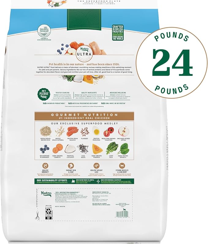 Nutro Ultra Adult Weight Management Dry Dog Food, Chicken, Lamb and Salmon Protein Trio, 24 lb Bag