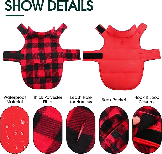Kuoser Dog Winter Coat, Windproof Dog Fleece Jacket British Style Plaid Cold Weather Doggie Vest Coats, Reversible Cozy Warm Pet Clothes Apparel for Extra Large Size Dogs XXXL