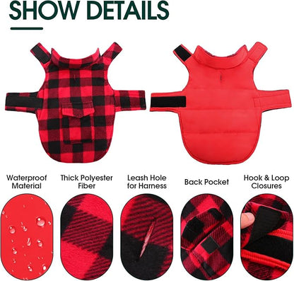 Kuoser Dog Winter Coat, Windproof Dog Fleece Jacket British Style Plaid Cold Weather Doggie Vest Coats, Reversible Cozy Warm Pet Clothes Apparel for Extra Large Size Dogs XXXL