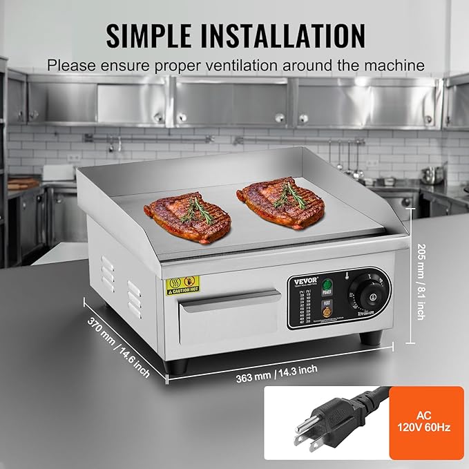VEVOR Commercial Electric Griddle, 1700W Countertop Flat Top Grill, 14in