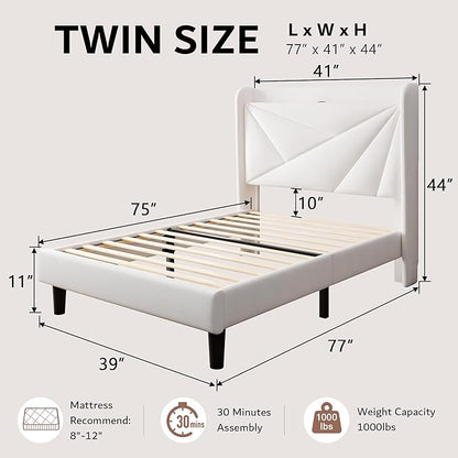 iPormis Twin Size Bed Frame with Charging Station, Velvet Platform Bed Frame with Wingback Headboard Upholstered Bedframe, Solid Wood Slats Support, No Box Spring Needed, Easy Assembly, White