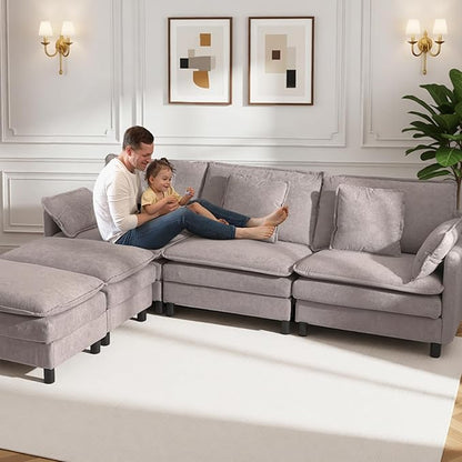 Claiks 148" Modular Sectional Sofa, Cloud Couch with Ottoman, U-Shaped 6-Seater Sofa in Chenille Fabric, Deep Seat Comfy Couch with Pillows for Living Room & Offices, Light Gray