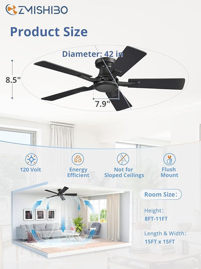 ZMISHIBO 42 Inch Ceiling Fan No Light, Flush Mount Low Profile, Modern Black
