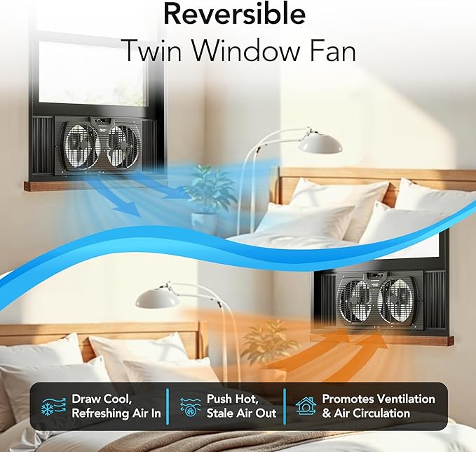 Comfort Zone Window Fan for Bedroom, 9 inch 3 Speed Dual Fans
