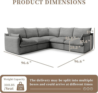 Gtilzria Waterproof Cloud Sectional Sofa for Living Room,High Backrest Down Filled Couch,5 Seater Oversized Modular V-Shaped Couches,Detachable Couch Covers,Dark Grey