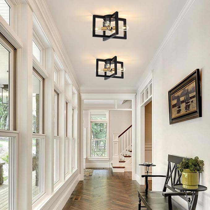 Modern Black and Brushed Gold Semi Flush Mount Ceiling Light, 4-Light Industrial Geometric Light Fixture, Ceiling Lights for Hallway Entryway Laundry Kitchen Dining Room Bedroom Lighting, UL Listed