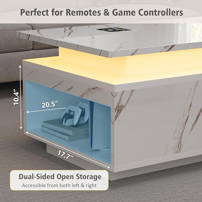 LED Coffee Table, 47.2" Coffee Tables for Living Room with Wireless Charging & Bluetooth Speaker, Smart Center Table for Living Room with Storage, White Marble Tables