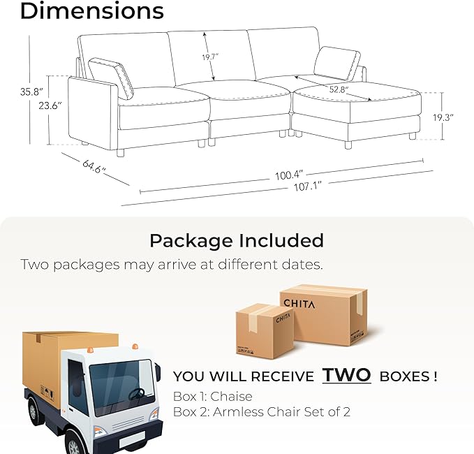 CHITA L Shaped Modular Sectional Sofa with Ottoman, Modern Cloud Couch for Living Room and Apartment, 4 Seat Extra Comfty Sofa, Removable Cover, 107 Inch Width, Cream