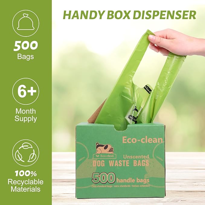 ECO-CLEAN Poop Bags, 500 Count Dog Waste Bags with Handle, Unscented, Leak-Proof, Earth-Friendly (Not on Rolls)