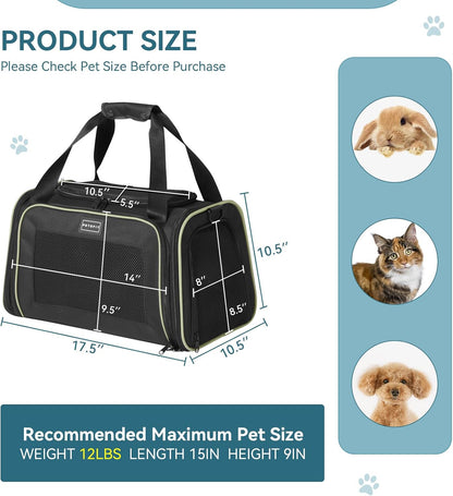 PETSFIT Pet Carrier Airline Approved with Extendable Mat, Dog Carriers for Small Dogs, TSA Approved Pet Carrier, Puppy Carrier for Small and Medium Cats Under 12 Lbs, Black
