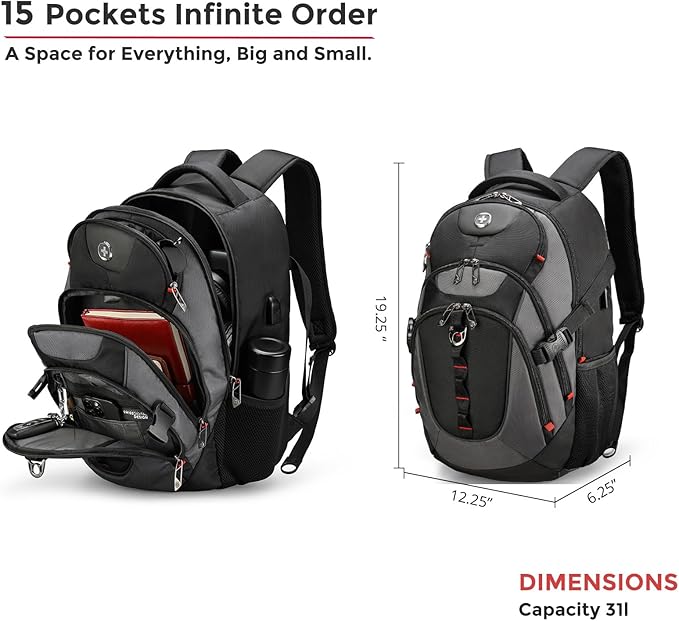 Swissdigital Design Laptop Backpack with USB Charging Port, Travel Backpack Fits 15.6 inches Computer, 31L College School Backpack for Men, Black/Grey | SD803-02