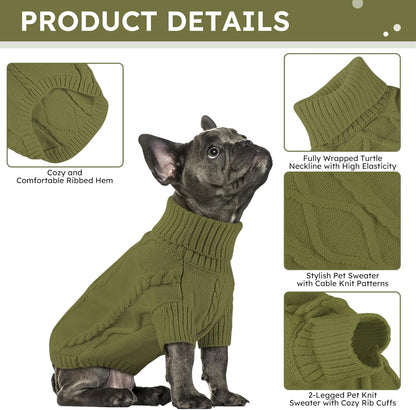 Queenmore Small Dog Pullover Sweater, Cold Weather Cable Knitwear, Classic Turtleneck Thick Warm Clothes for Chihuahua, Bulldog, Dachshund, Pugl,OliveGreen,S