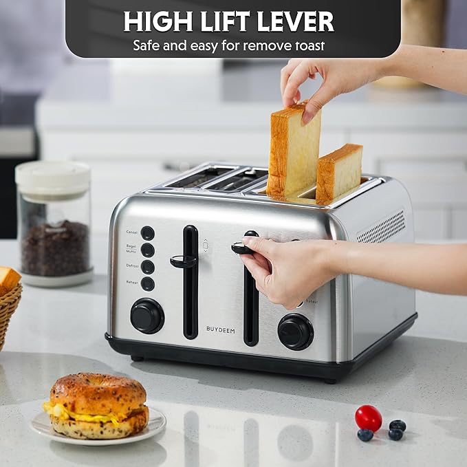 BUYDEEM DT640 Retro 4 Slice Toaster, 7 Shade Settings, Extra Wide 1.5'' Slots
