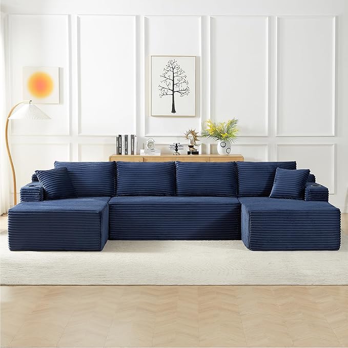 134 Inch Cloud Sectional Couch for Living Room,Corduroy Boneless Couches with Cup Holder,Modern Modular Sectional Sofa with Deep Seat,No Assembly Required (Blue, U-Shaped Sofa)