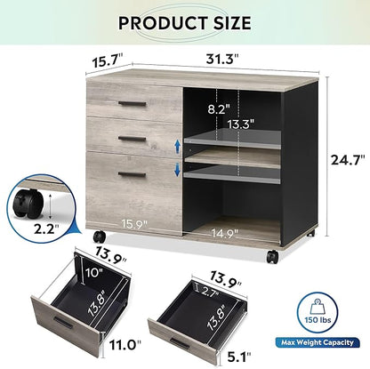 DEVAISE 3 Drawer Mobile File Cabinet, Wood Lateral Filing Cabinet, Printer Stand