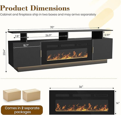 70” Fluted TV Stand with 36” Electric Fireplace, 2 Tier TV Console Cabinet with