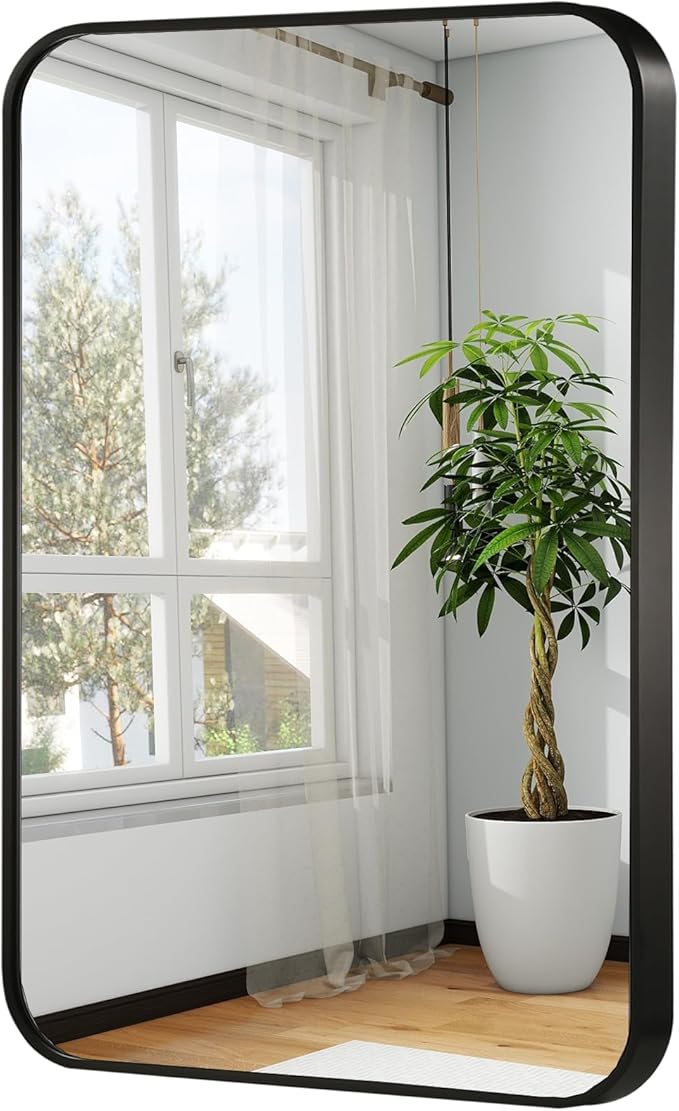 22x30 Inch Black Wall Mirror for Bathroom, Brushed Metal Framed Mirror