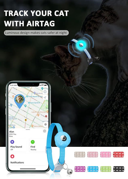 AirTag Cat Collar, Reflective Kitten Collar Breakaway Apple Air Tag Cat Collar, GPS Cat Collar with AirTag Holder and Bell, Lightweight Tracker Cat Collars for Girl Boy Cats Puppies (Luminous Blue)
